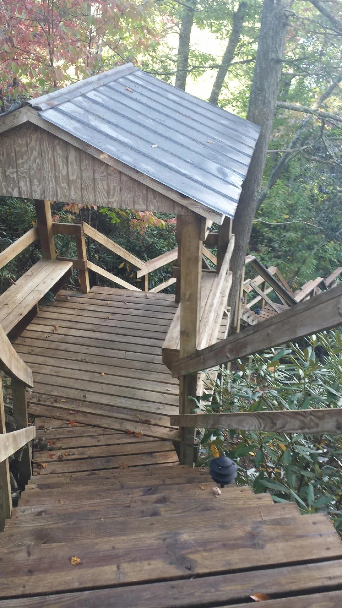 Metal roofed shelter over wooden steps on a wooded walkway — Skylight Repair & Installation work by our crew in Cowiche